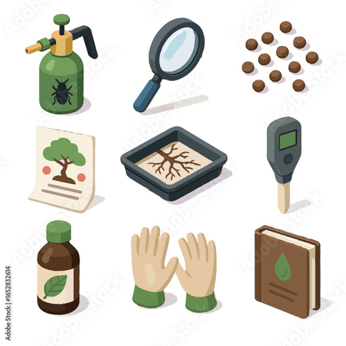 Root bonsai lens insect magnifying fertilizer vector icon care pellets sprayer sheet