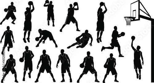 Basketball player silhouettes in diverse poses such as dribbling, shooting, dunking, and passing, perfect for sports design, branding, and coaching