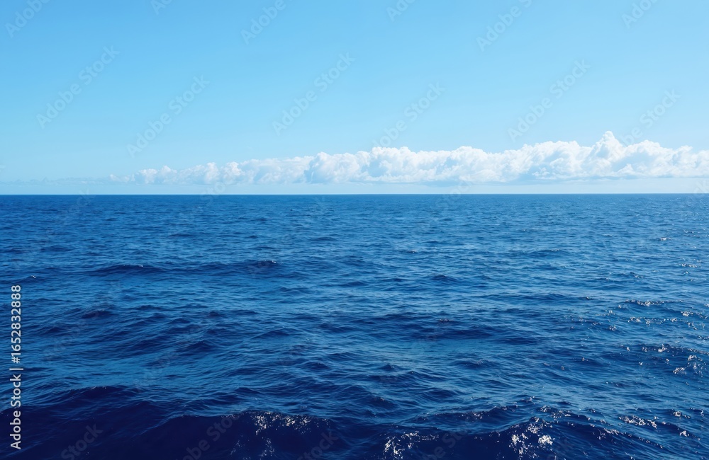 Fototapeta premium Serene ocean scene with light blue sky and fluffy white clouds. Darker blue ocean with small waves. Horizon line clearly visible. Bird eye view of vast expanse of water. Ocean blue and white