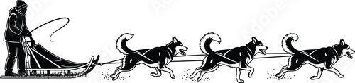 Dog sledding team pulling sled through snowy landscape, musher standing, winter sport adventure, arctic travel, husky dogs running in harness formation