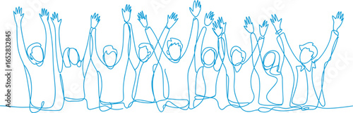 Excited group of diverse people celebrating with raised hands, continuous line art illustration, happiness, unity, teamwork, community, positive energy, success concept.