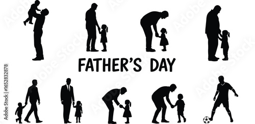 Father’s Day silhouettes of dad and child bonding moments, playing, holding hands, talking, soccer, parenting love, emotional family connection