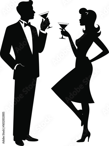 Elegant man and woman silhouettes holding martini glasses, ideal for cocktail party invitations, luxury events, nightlife branding, and lifestyle design projects