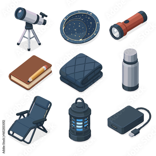 Icon stargazing observations backyard portable power vector insulated set notebook telescope red