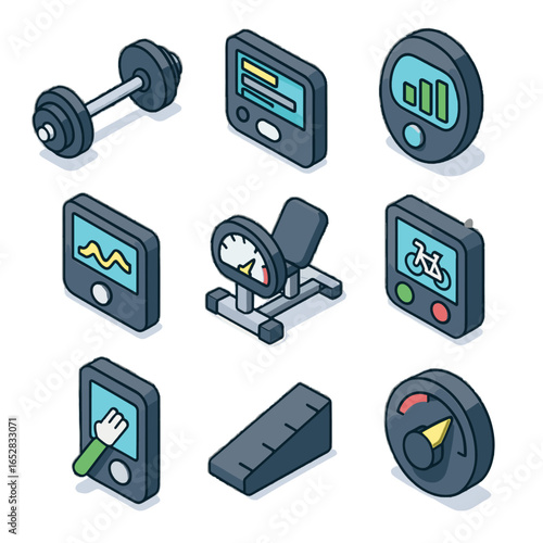Display isometric resistance barbell elliptical level meter icon vector rowing equipment machine