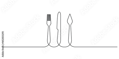 Continuous one line vector illustration of spoon, fork, and knife as elegant kitchen cutlery on white background vector illustration