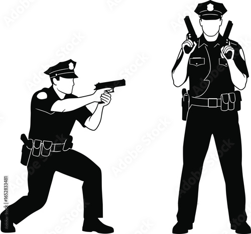Police officer silhouettes in action poses holding handguns, perfect for law enforcement design, training materials, crime prevention, and security‑related projects