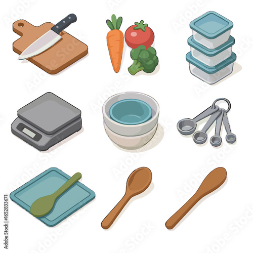Scale isometric prep board vector knife icon spoon portion chopping cutting mat