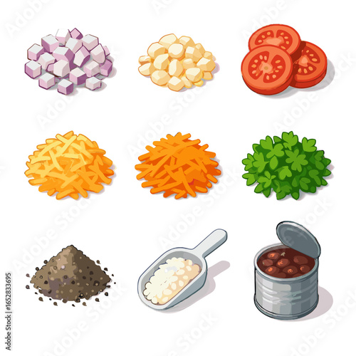 Cooking icons sliced cracked icon tomatoes ingredients scoop herbs chopped grated vector