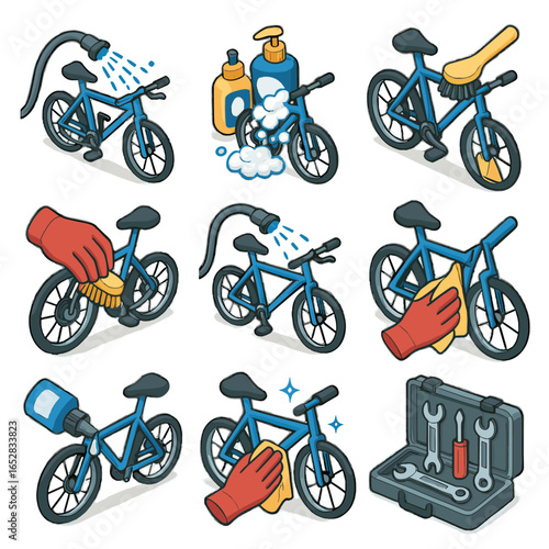 Icon rinse store clean scrub cleaning lubricate soap icons vector bike polish
