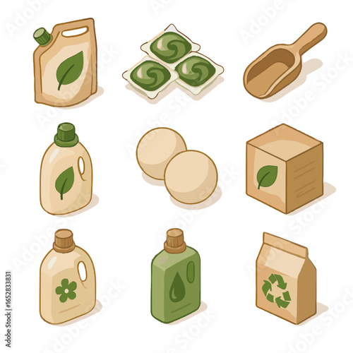 Vector laundry wooden detergent icon compostable bottle pods eco pouch cardboard dryer
