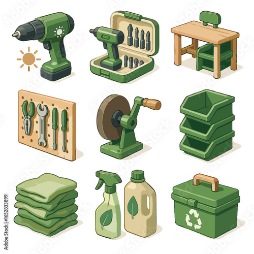 Eco rechargeable icons pegboard upcycled material bench vector workshop set icon green