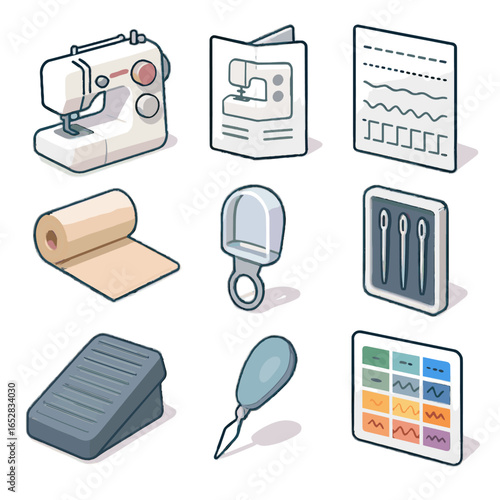 Vector roll tool machine manual thread kit beginner pedal icon sewing needle