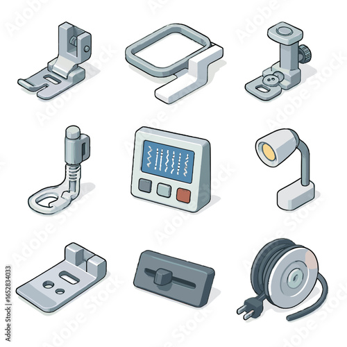 Machine extension work reel zipper cord foot vector sewing overlock digital icon