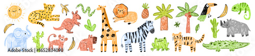 Animal kids scribble, hand drawn naive wild nature doodle set, childish cartoon African characters. Wax crayon kindergarten jungle print, childhood savanna mammal. Animal scribble colorful graphic kit