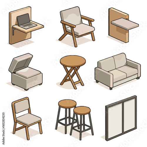 Foldable couch desk stackable table furniture vector stools icons icon retractable chair