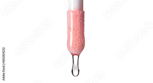 Lip gloss wand applicator dripping gloss, isolated on white background