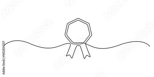 Award badge continuous one line drawing and certificate symbol isolated on white background vector illustration