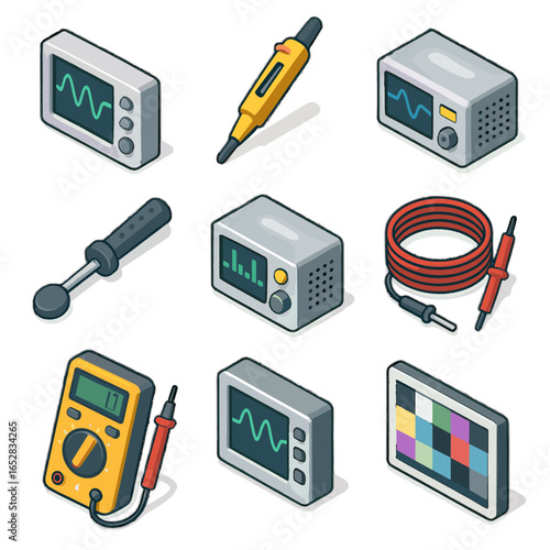 Knob test pen oscilloscope calibration coil icon electronic frequency screen tools vector