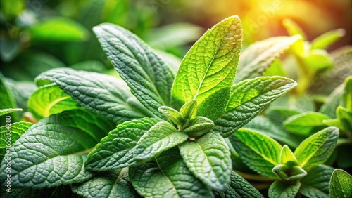 Fragrant herb with natural green leaves on macro background, botanicals, macro photography,  botanicals