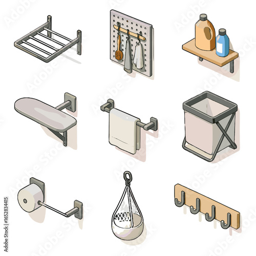 Board laundry attached collapsible bag icons detergent icon vector drying organizer hanging