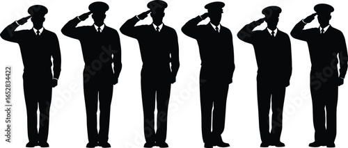 Silhouettes of uniformed personnel saluting in formation, military respect gesture, disciplined team, honor, patriotism, service tribute, ceremonial pose illustration