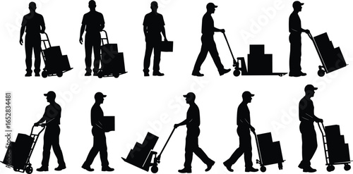 Silhouettes of workers with hand trucks and boxes, pushing, pulling, loading goods, delivery logistics poses, transportation, cargo handling, warehouse operations