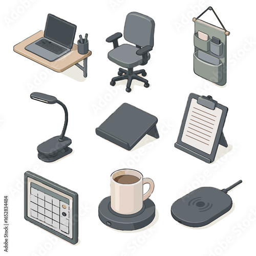 Hanging vector home pockets isometric stand board charging compact office document icon