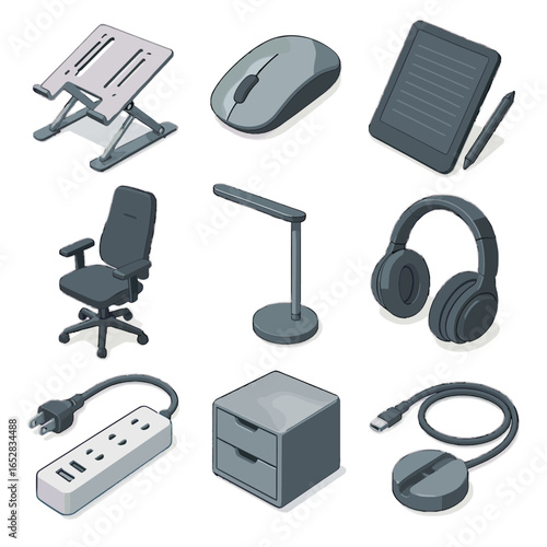 Laptop remote vector wireless organizer work isometric notepad light stand usb icon