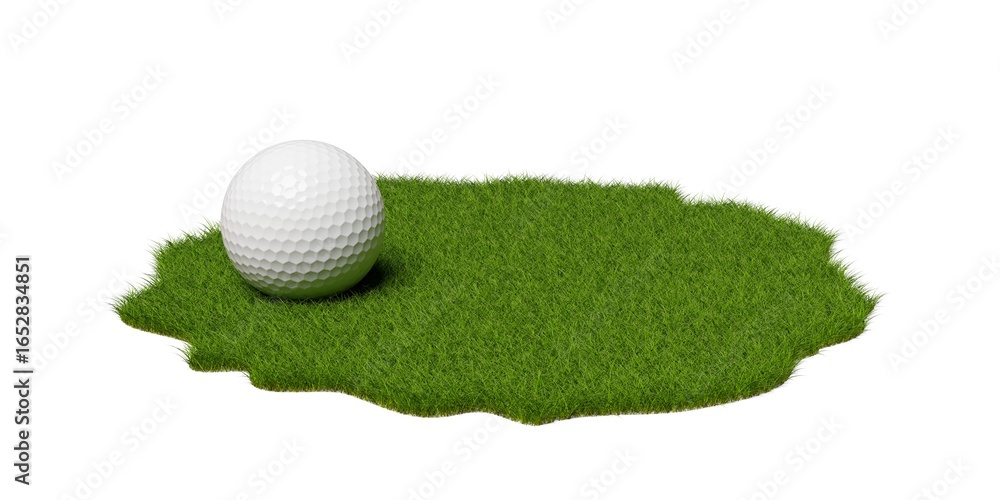 Single white golf ball on irregular grass patch over white background, golf sports or activity concept Single white golf ball on irregular grass patch over white background, golf sports or activity concept
