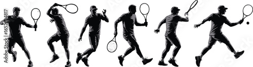 Tennis player silhouettes in dynamic poses serving, spiking, running, and hitting, perfect for sports design, coaching, and athletic lifestyle illustrations