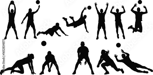 Volleyball player silhouettes in dynamic poses, jumping, diving, spiking, and serving, ideal for sports design, coaching, and athletic lifestyle illustrations