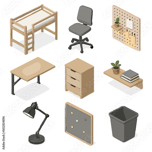 Small wall task light drawer icons pegboard chair icon bed workspace vector
