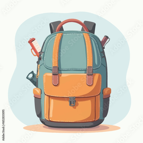 A cartoon-style illustration of a fully packed backpack, featuring a light blue body and orange accents.