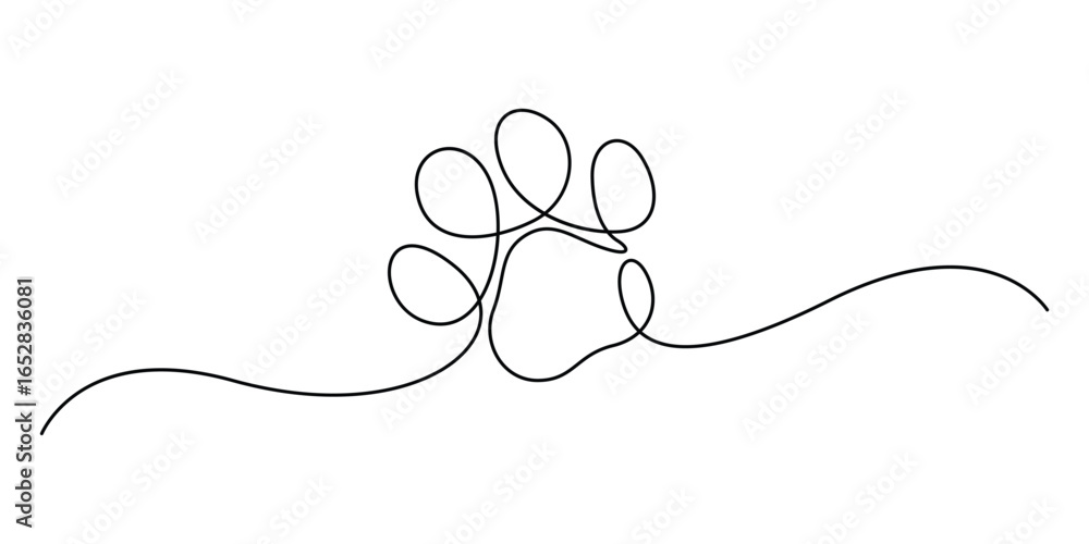 Fototapeta Continuous one line drawing of cat paw pad, Single line drawing of a dog paw print in minimalist vector outline style, isolated on white background. Pro vector