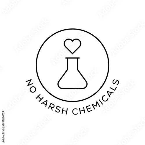 No Harsh Chemicals Badge Icon with Flask and Heart Symbol
