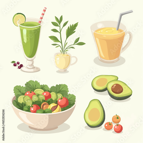 Healthy food and drinks illustration featuring green smoothie, orange juice, salad, avocado, and cherry tomatoes.