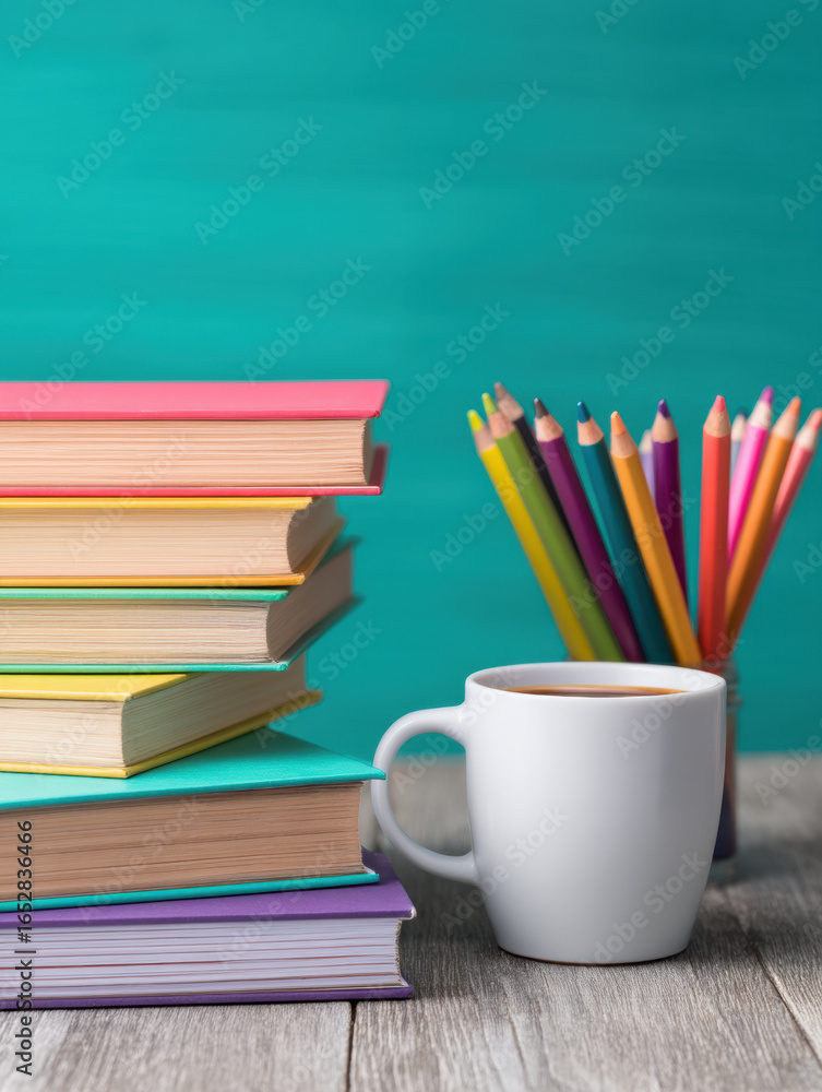 Fototapeta premium colorful stack of books beside a white mug filled with coffee, accompanied by vibrant colored pencils against a bright teal background.