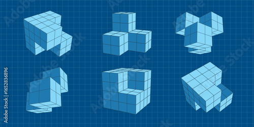 Geometric cubes. Set of isometric squares. Blocks Linear geometric . Vector illustration.