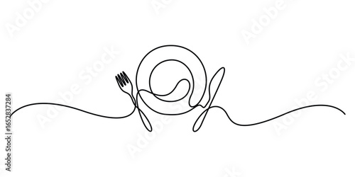 Continuous one line drawing of plate, knife and fork minimal outline art illustration isolated on white background vector illustration