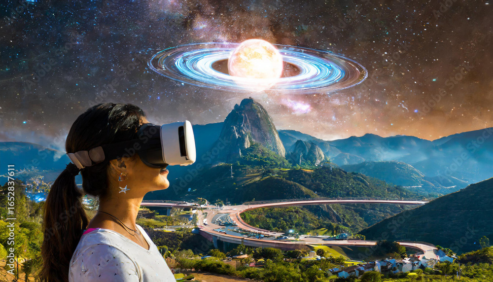 Fototapeta premium Man exploring virtual reality with stunning planets in mountain landscape