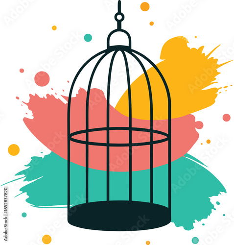 Stylized Birdcage Illustration with Colorful Paint Splashes Ideal for Creative Projects and Designs Symbolizing Freedom and Artistic Expression