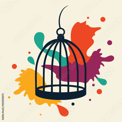 Abstract Birdcage with Vibrant Color Splashes Symbolizing Freedom Creativity and Breaking Barriers in a Modern Artistic Style