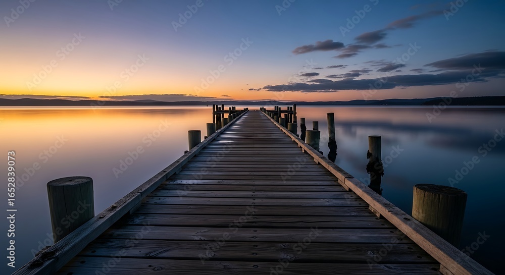 Obraz premium Tranquil Wooden Pier at Sunset Over Calm Lake.