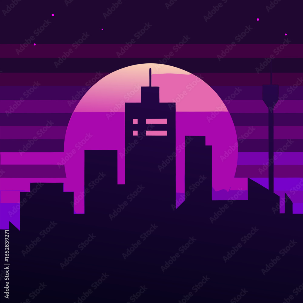 Fototapeta premium Abstract gradient banner with a dark city silhouette fading into deep purple