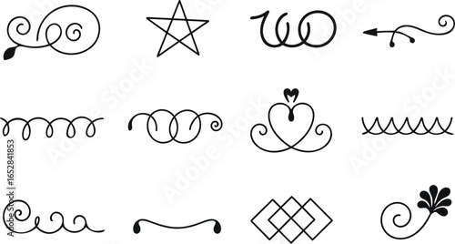 Hand-drawn elegant flourishes:  vector set of decorative swirls, stars, and dividers for design projects.