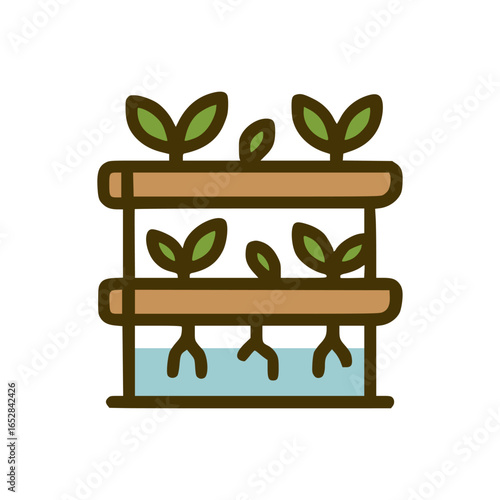 Minimal design showing layered hydroponic farming structure, green seedlings with visible roots growing in sustainable modern agricultural system
