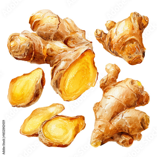 Watercolor-style illustration of whole and sliced ginger root, culinary and medicinal herb concept, isolated with transparent background