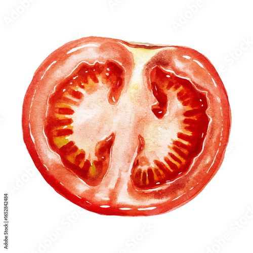 Watercolor-style illustration of a fresh red tomato slice, top view, botanical and culinary concept, isolated with transparent background