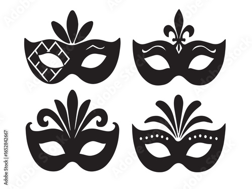 Vector set of four black carnival mask silhouettes. Elegant graphic design icons for festive masquerade balls and celebrations.